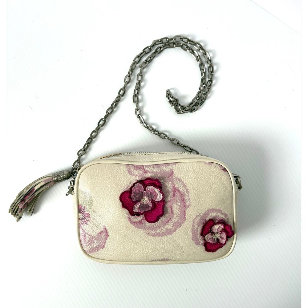 Cole Haan Bag Leather Crossbody Pink White Flowers Chain Strap Zip Pocketbook